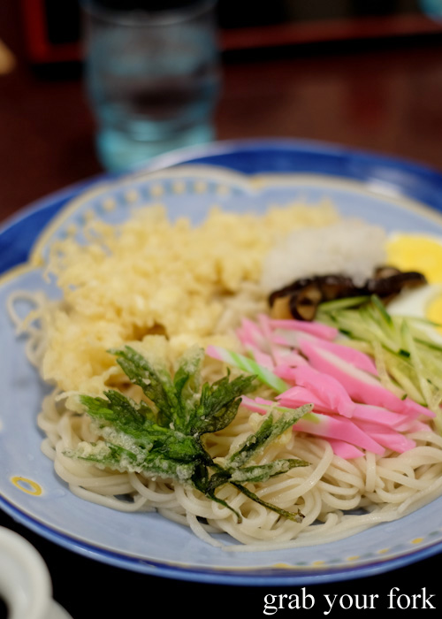 Cold soba noodles with prawn tempura in Otaru, Hokkaido