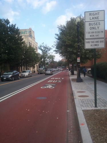 Red painted bus lane on Georgia Avenue NW, DC