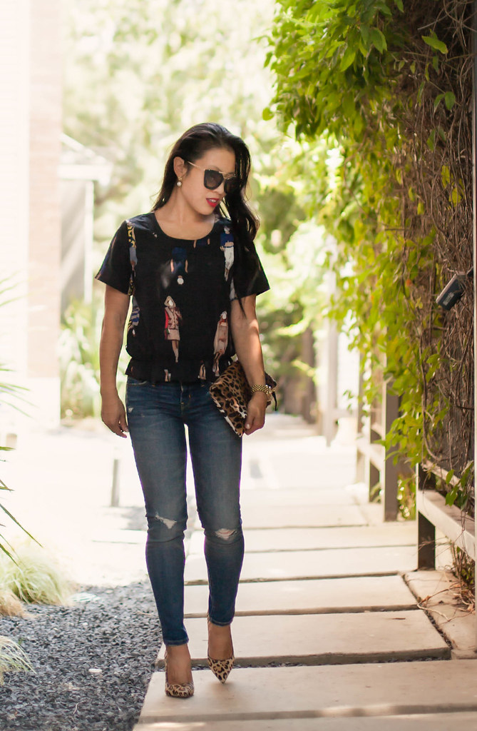 cute & little blog | petite fashion | black peplum top, treasure & bond distressed skinny jeans, leopard pumps, clare v leopard foldover clutch, prada sunglasses | summer fall outfit