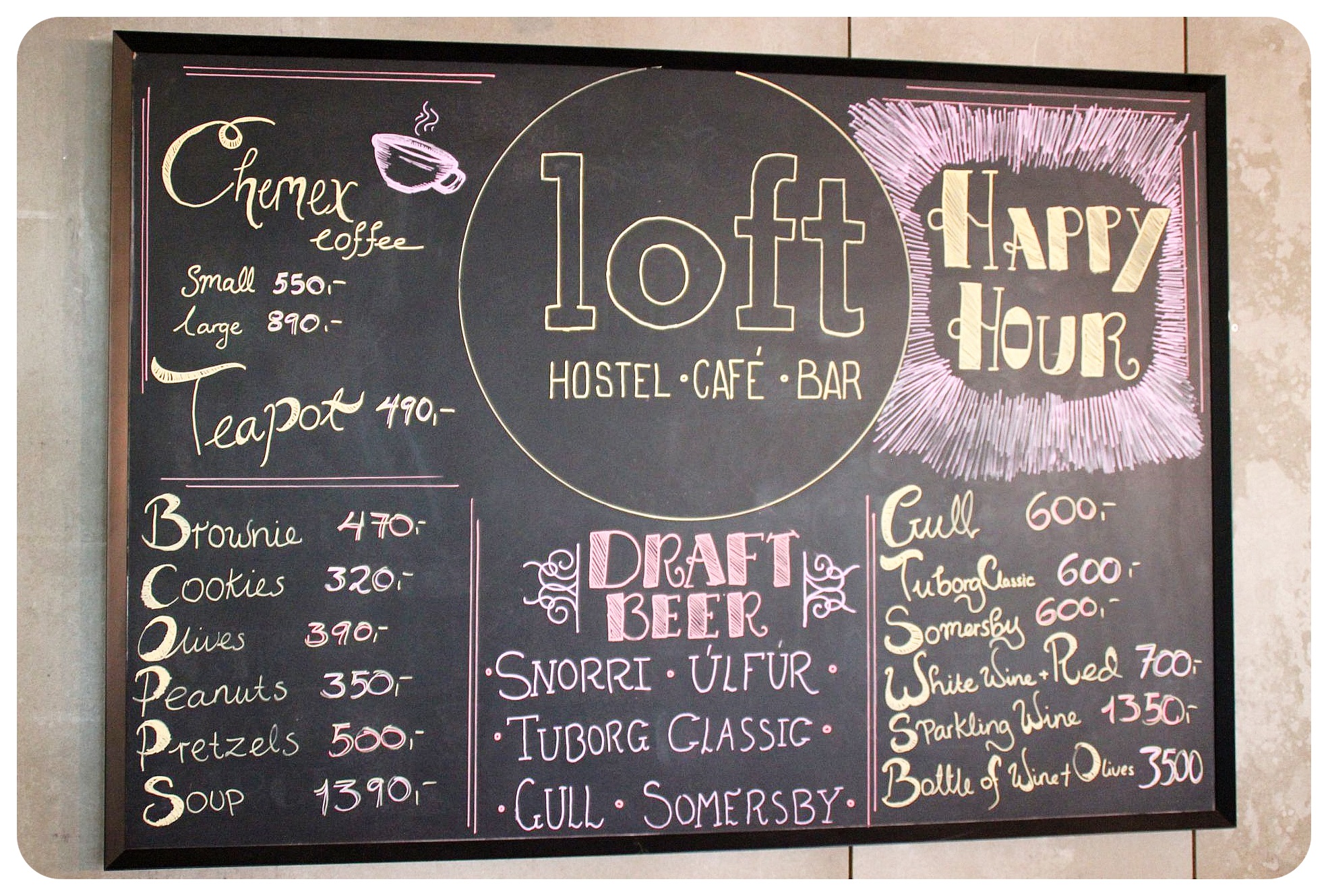 loft hostel reykjavik bar menu