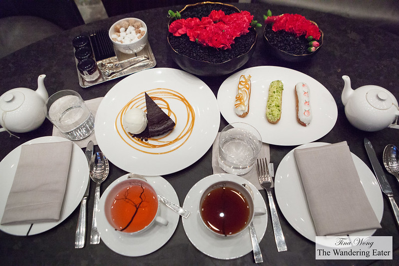 Our first portion of desserts - Espresso Boca Negra Cake and Éclair Trio