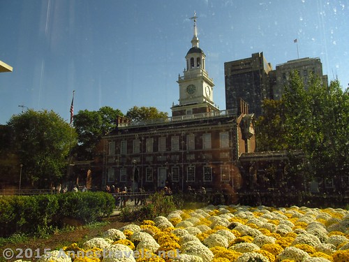 Flowers and Independence Hall. Note the rain splatters on the windows... Liberty Bell Center, Philadelphia, Pennsylvania