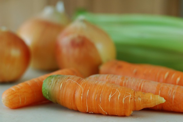Carrots, onions and celery - the ingredients for mirepoix by Eve Fox, the Garden of Eating, copyright 2015