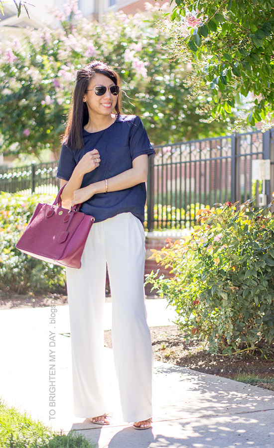 navy tee, white trousers, bow sandals, purple red tote