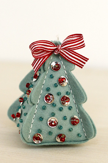 Sequins and Beads on a felt ornament made from Christmas Tree Change Up Box and Stitching Die Collections