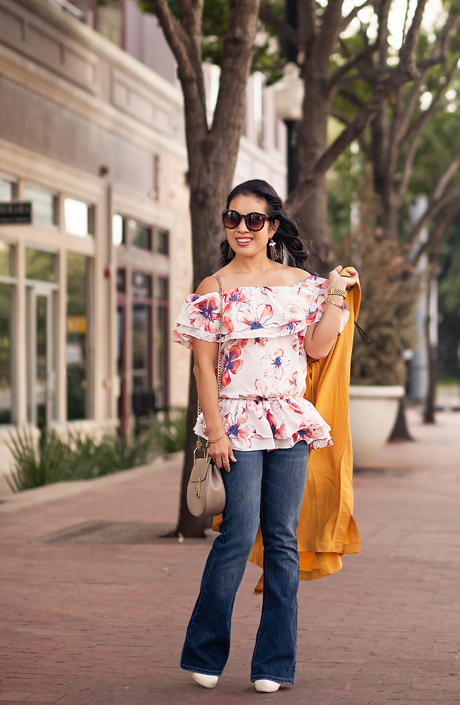 cute & little blog | petite fashion blog | mustard drapey trench, plum society off-shoulder ruffle blouse, flare jeans, chloe drew bag | fall outfit