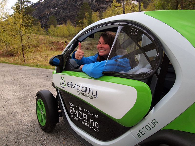 Driving a Twizy electric car in Geiranger, Norway