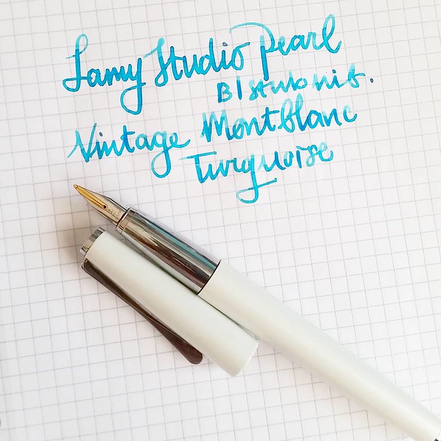 Writing sample of the gorgeous montblanc turquoise ink. Oh and a LE Lamy studio pearl with a old school b nib that writes like a stub :)