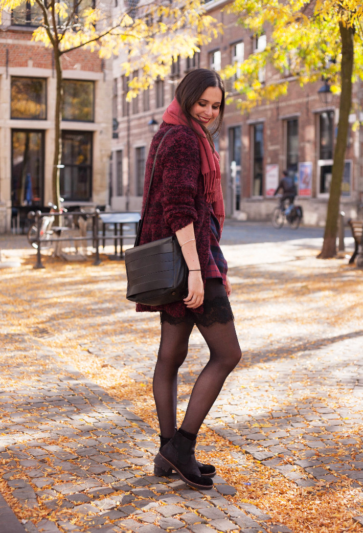 Outfit: burgundy plaid with lace slip skirt and chelsea boots