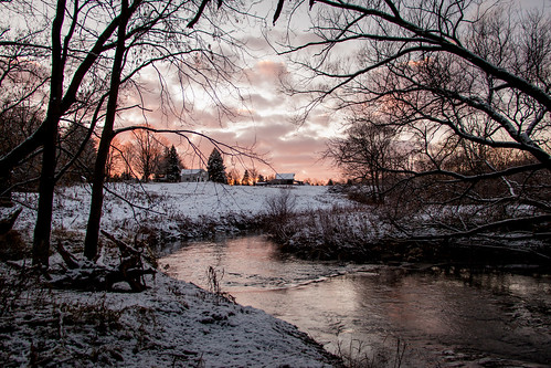 winter sunset sky snow water creek river stream dusk