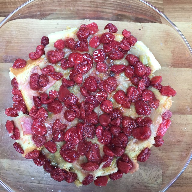 Rhubarb strawberry trifle in progress