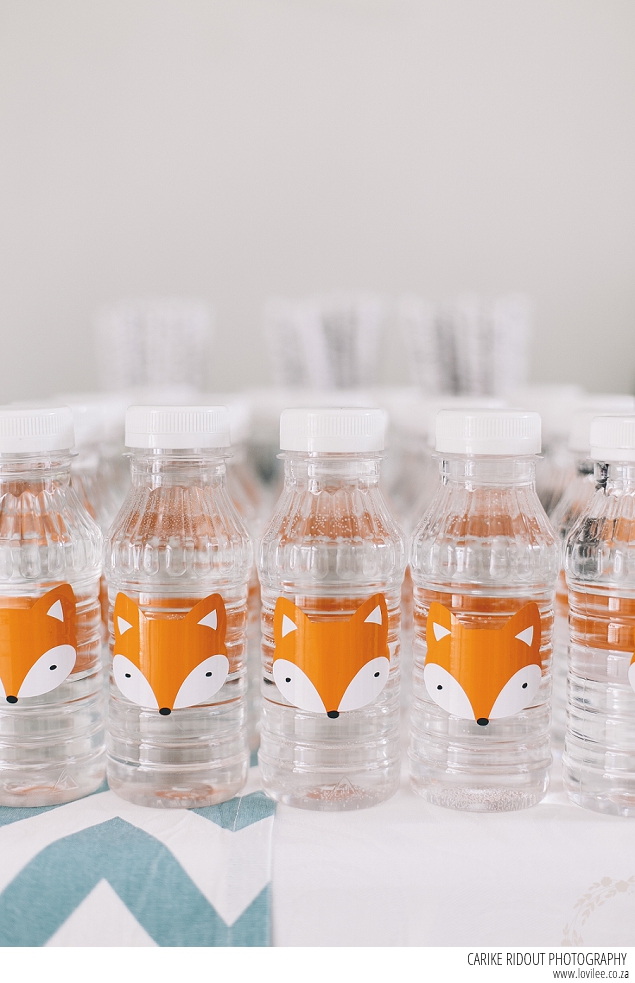 Fox party decor - water bottles with fox stickers
