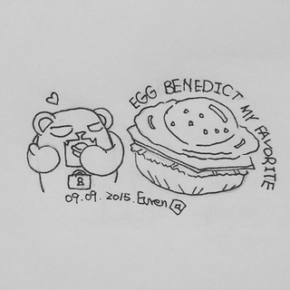 #eggbendict is really good. It's including two of my favorite food: egg and bread. Anyway, during #mishubear stayed in #Bangkok, egg Benedict is always on the dish. #左手畫畫 #drawing #sketch #breakfast #密室熊