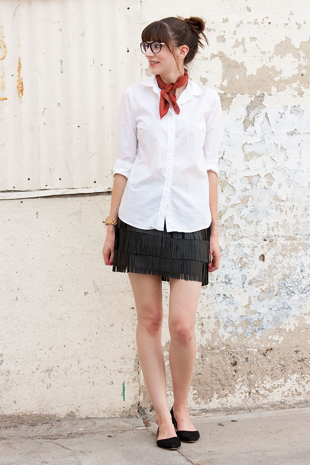 How to Style a Fringe Mini Skirt, White Shirt, J.Crew Bandana