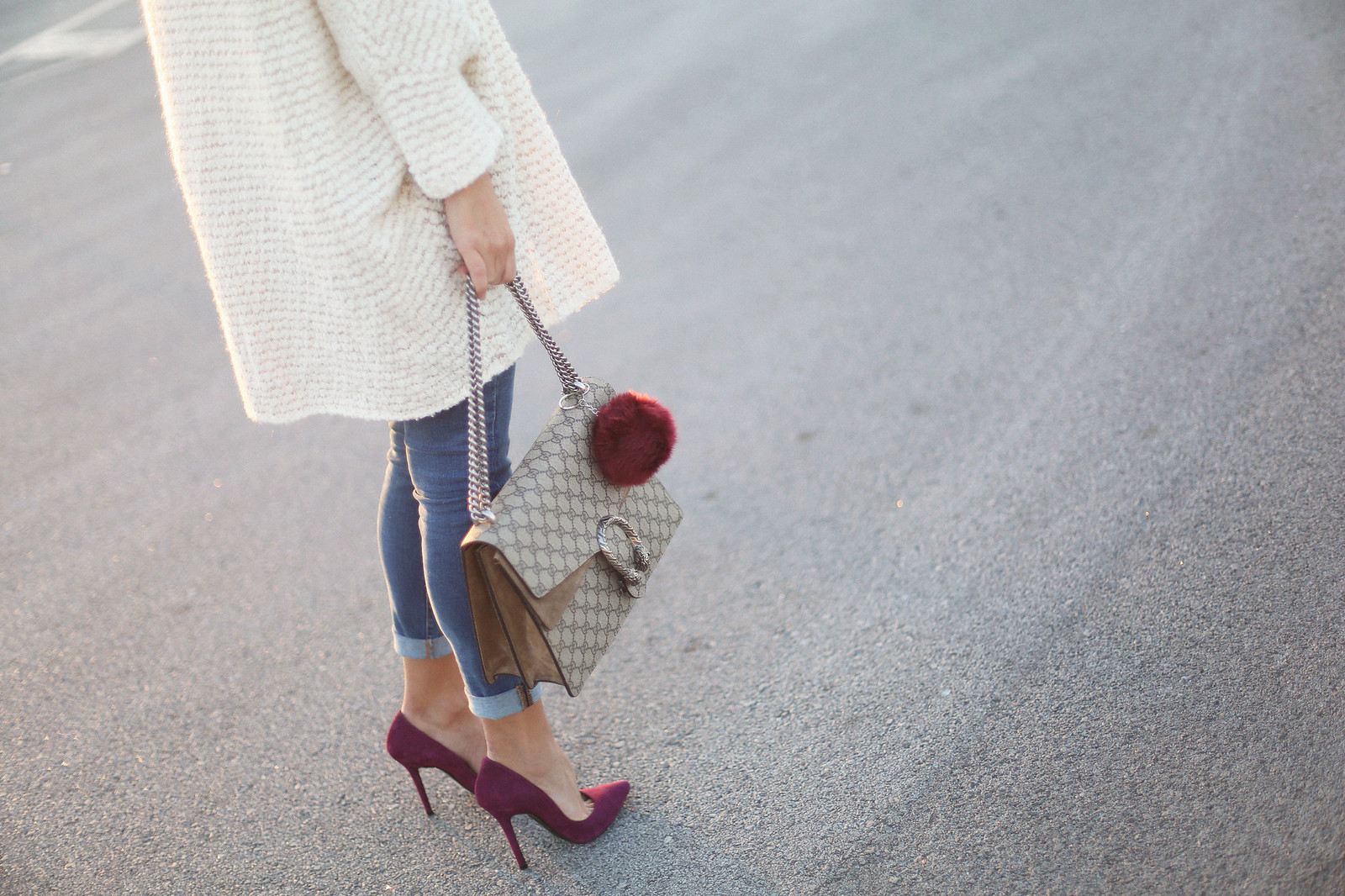 4. jessie chanes - cream oeversized long cardigan blue jeans burgundy heels