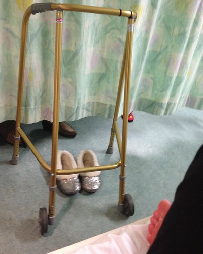 My new best friends. My gold zimmer and sparkly granny slippers.  All my octogenarian ward mates are well jealous! The other day, Lena from the bed next door borrowed it and forgot to give it back. Then she got annoyed with me when I asked for it back and