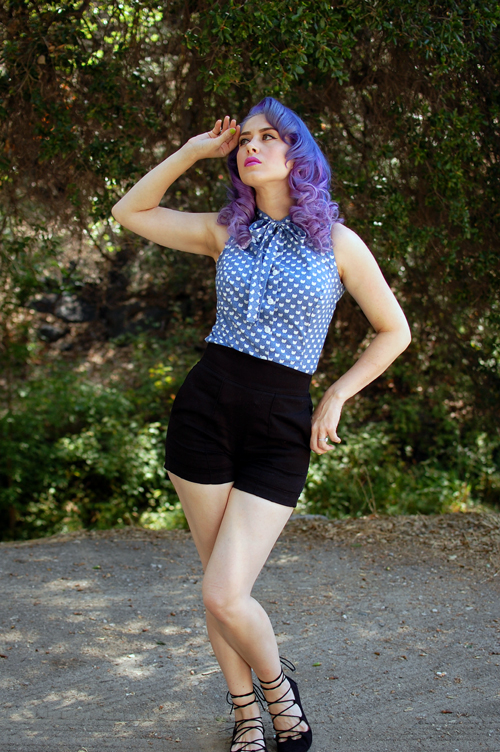Heart of Haute Ella Top in Blue Kitty Faces Laura Byrnes Black Sateen Shorts