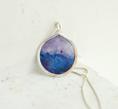 Red Moon Mountain Mini Painting Abstract Pendant Necklace