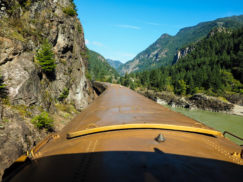 The Rocky Mountaineer traveling through Fraser Canyon