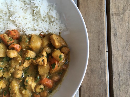Chicken curry with potatoes, carrots and chickpeas