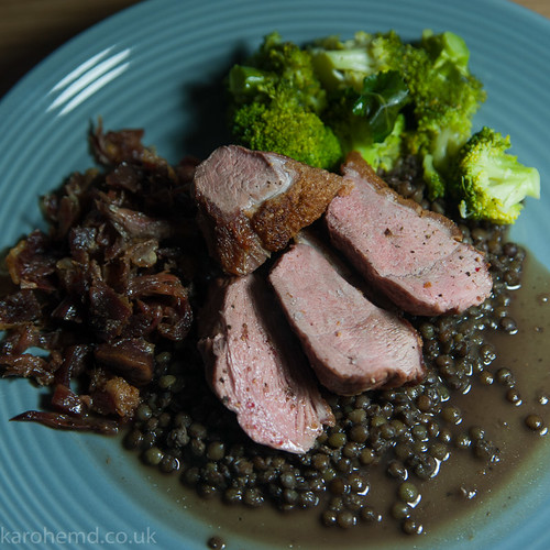 Duck: pan roasted breast, confit leg, lentils broccoli