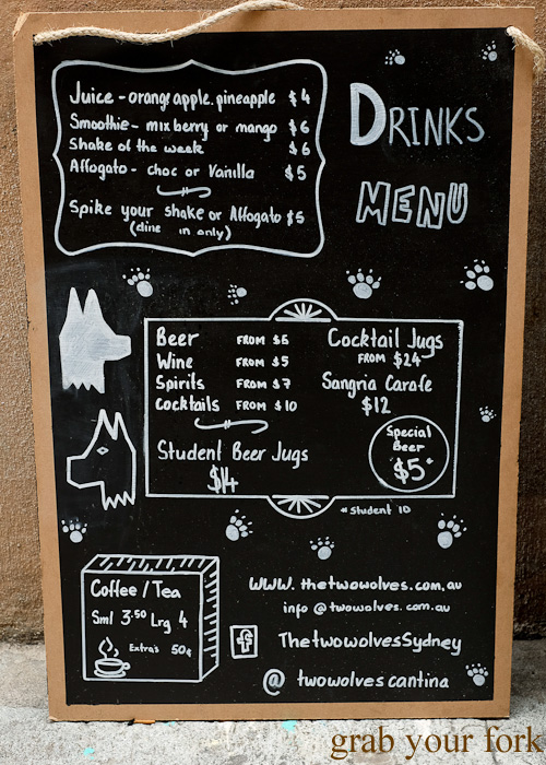 Drinks menu at The Two Wolves Community Cantina, Chippendale