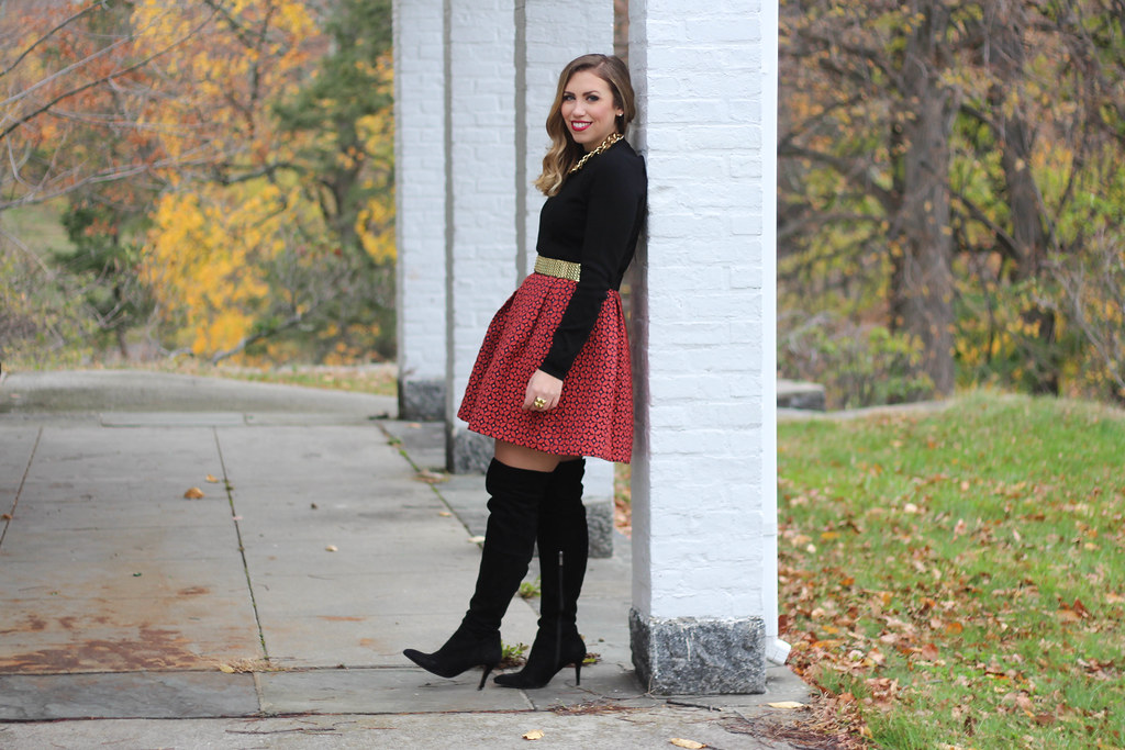 Holiday Party Style | Printed Full Skirt | OTK Boots | Faux Fur Coat