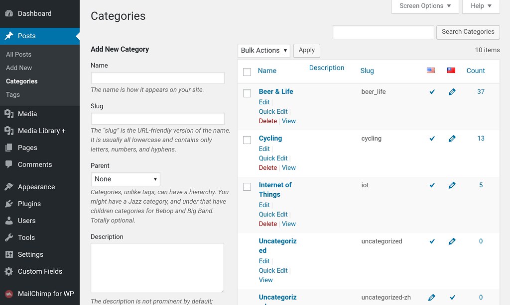 wp categories