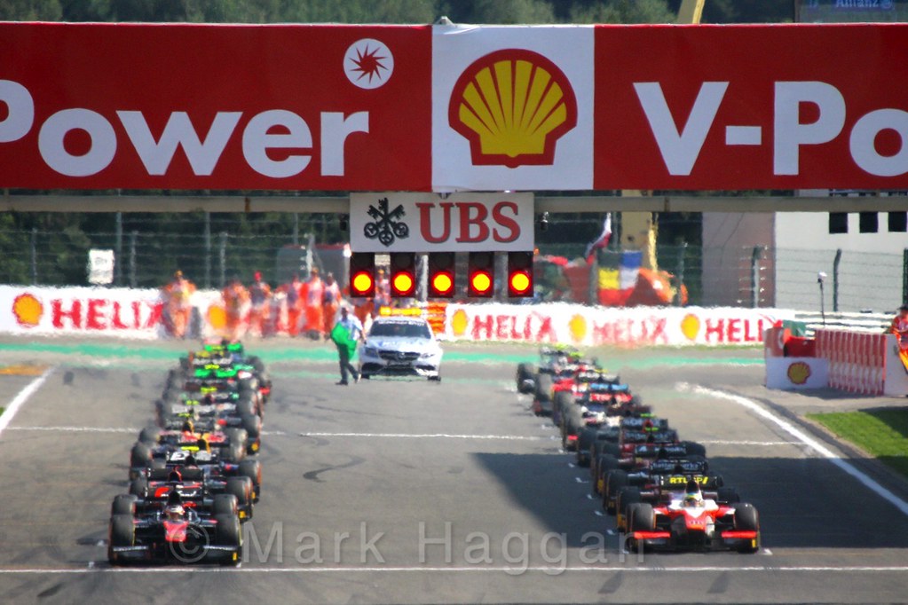 The start of the GP2 Feature Race at the 2015 Belgium Grand Prix