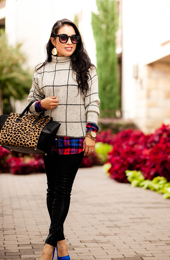 cute & little blog | petite fashion | red blue plaid shirt, gray grid sweater, spanx black lacquer skinny jeans, blue suede pumps, clare v leopard sandrine satchel | fall winter outfit