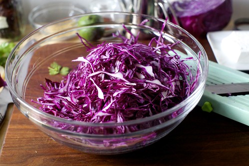 very thinly sliced red cabbage