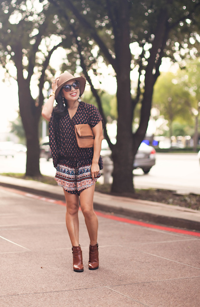 cute & little blog | petite fashion blog | tribal batwing romper, sseko leather clutch, wool floppy hat, ankle booties, statement earrings | fall outfit