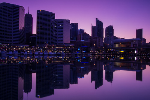 ocean xmas longexposure morning blue art nature water yellow sunrise canon buildings reflections boats lights bay purple harbour tripod sydney magenta australia calm newsouthwales darlingharbour pyrmont ultimo cocklebay widelens manfroto mariobekes mariobekesphotography