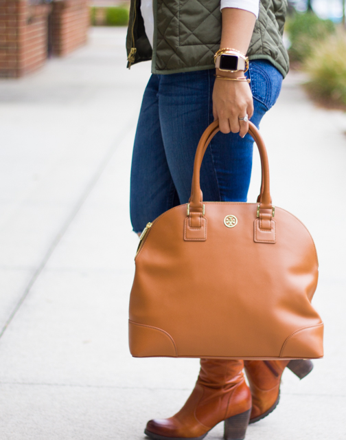 Tory Burch Robinson Dome Satchel, Clarks by Indigo Boots, Fall Boots, Ripped Jeans, Hollister Jeans, Hunter Green Vest