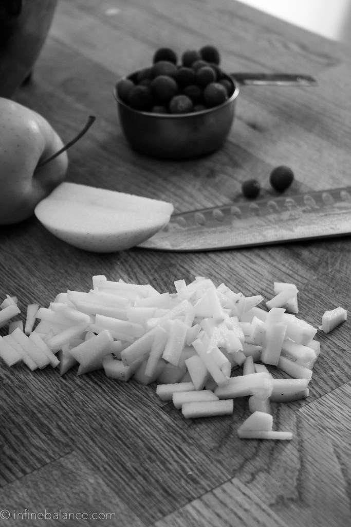 black and white phote with chopped apples 