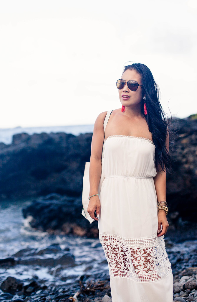 cute & little blog | petite fashion | white strapless crochet maxi dress | summer beach outfit