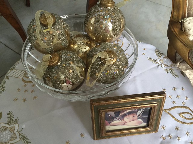 gold Christmas balls from India, table cloth from Hungary