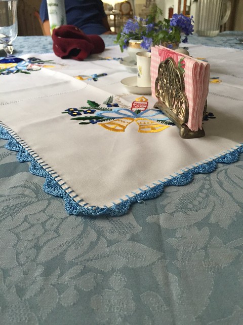 blue table runner with Christmas embroidery