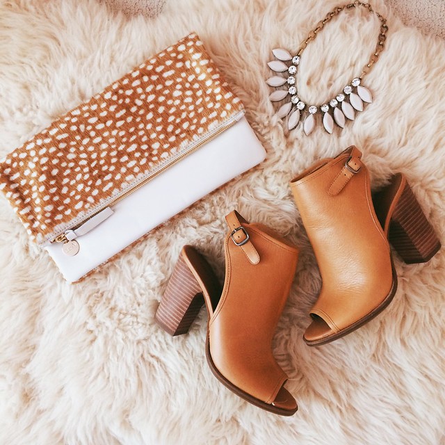 cute & little blog | petite fashion | fall essentials | clare v leopard foldover clutch, cognac peep toe booties, statement necklace