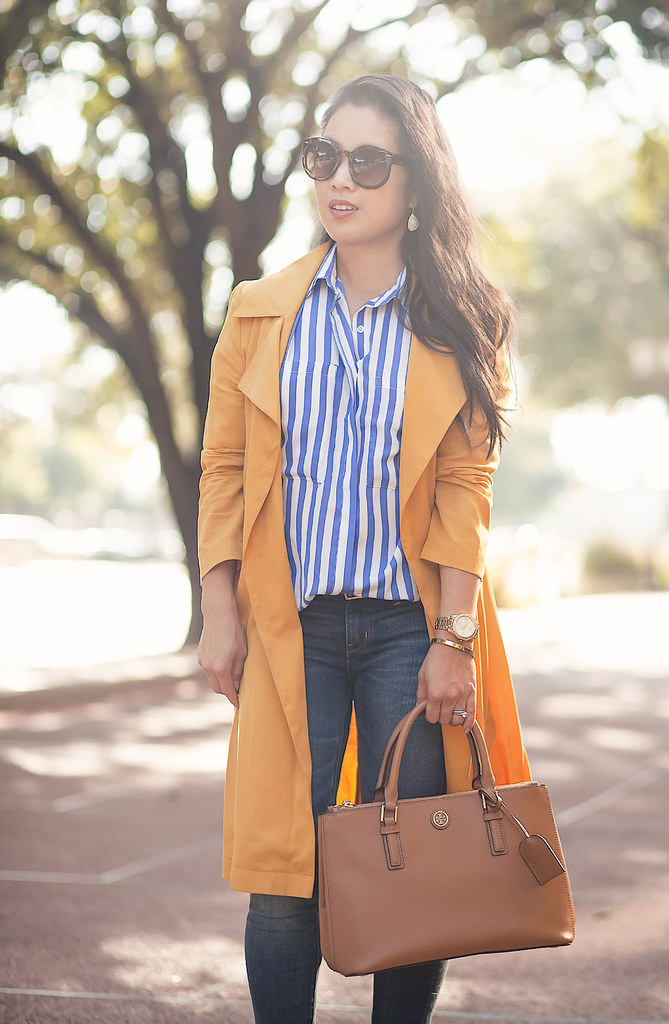 cute & little blog | petite fashion | mustard draped trench, striped shirt, leopard pumps, tory burch mini robinson | fall outfit