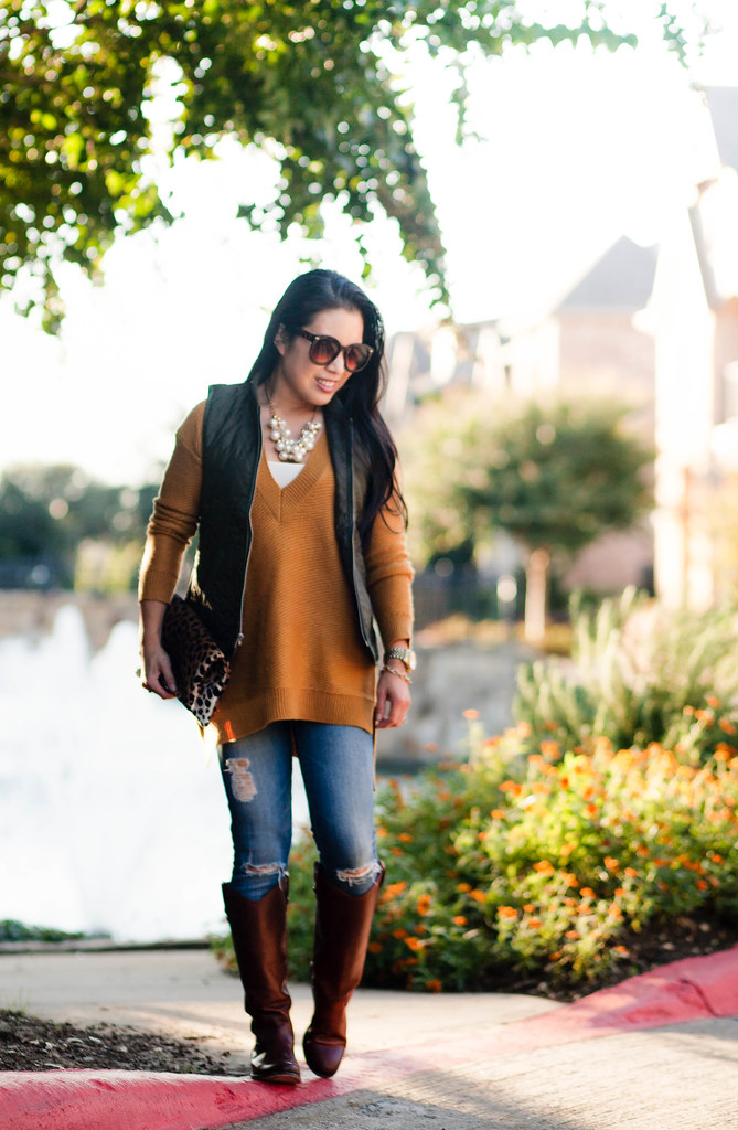 cute & little blog | army green quilted puffer vest, mustard sweater, distressed jeans, riding boots, leopard clutch | mommy + me | fall outfit