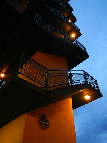 Stairs at night leading up to the bridge in Bilbao