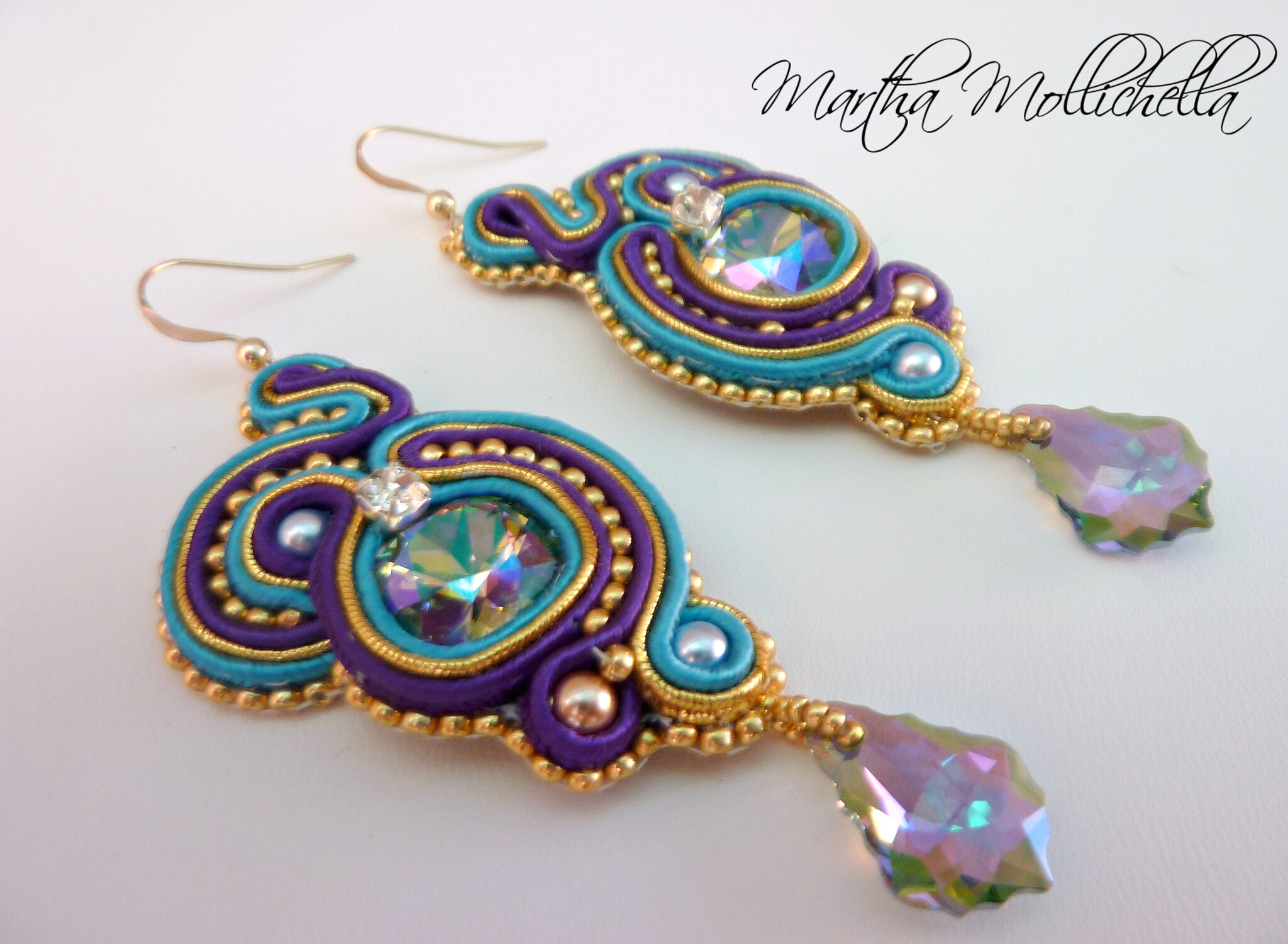 Soutache handmade earrings with Gold 14K Beads and Swarovski Crystals