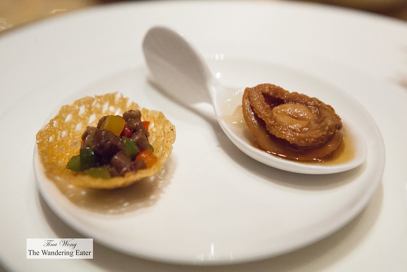 Amuse bouche - Dried braised abalone and a stir fried minced beef in a chip bowl