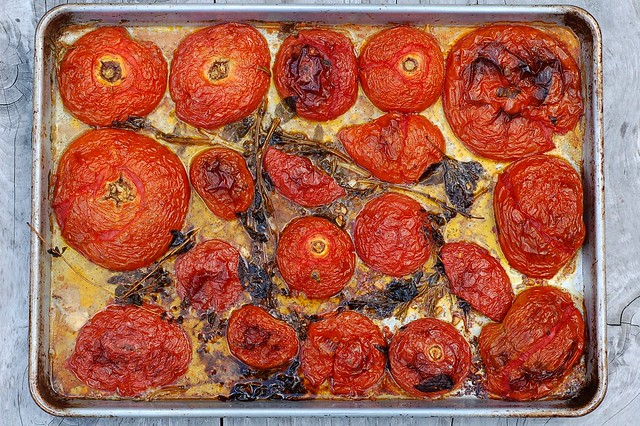 Slow roasted heirloom tomatoes with garlic and herbs by Eve Fox, the Garden of Eating, copyright 2014