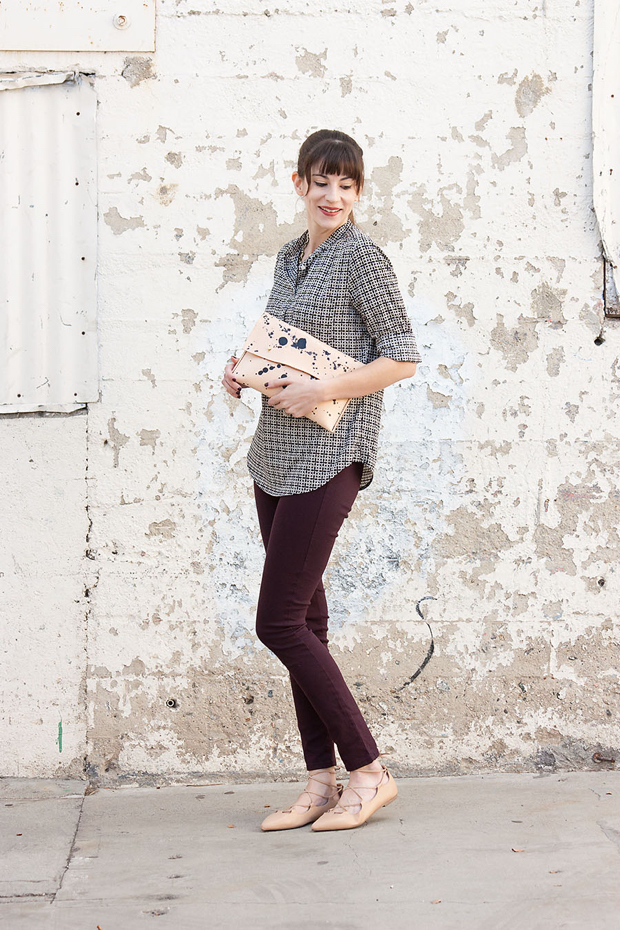 Speckled Leather Clutch, Oxblood Skinny Jeans, Nude Lace Up Flats, Printed Blouse