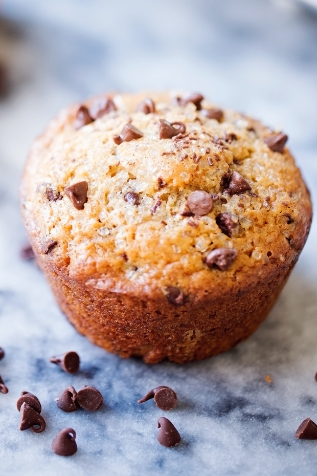 Bakery Style Chocolate Chip Muffins - Made with coconut oil and greek yogurt, these muffins are healthy and delicious! #coconutoil #muffins #chocolatechipmuffins | Littlespicejar.com