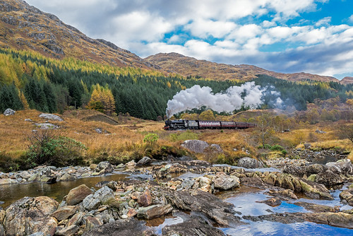 45407 europe exlms highland hillsmountains lms5mtblackfive landscape railways riversandcanals scotland steam thelancashirefusilier transport unitedkingdom glenfinnan gbr westhighlandline jacobite 2y61 abhainnshlatach