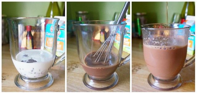 Timelapse comic: three images in a row, showing a glass mug with chocolate chips and half-and-half in the bottom; the same mug, now with melted chocolate and a small whisk; the same mug, with a stream of coffee pouring in from above the shot