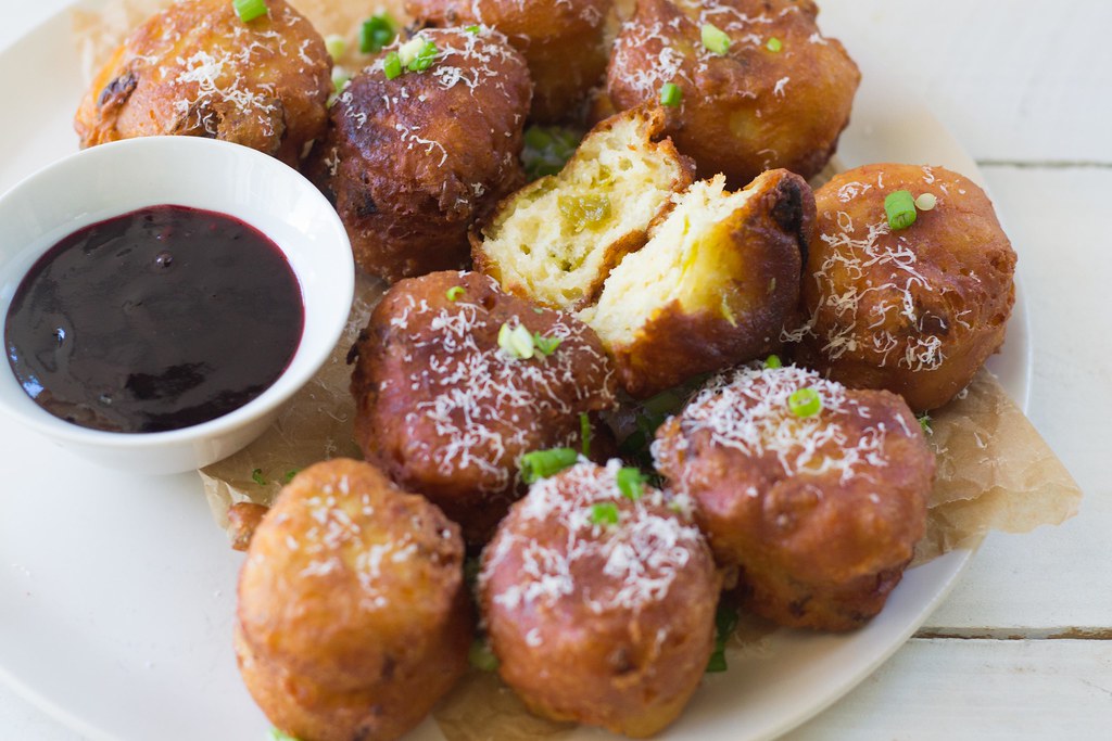 Savory Hatch Chile and Cheddar Donuts with Raspberry Wine Sauce